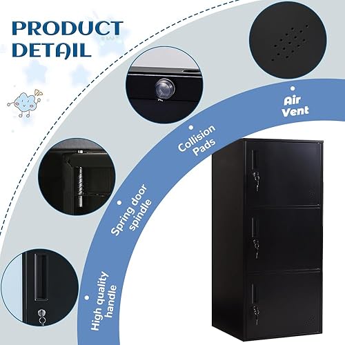 Miniatura 5 de Armario de almacenamiento vertical de metal de 3 puertas para dormitorio de niños, habitación de los niños, escuela, oficina, hogar, gabinete de