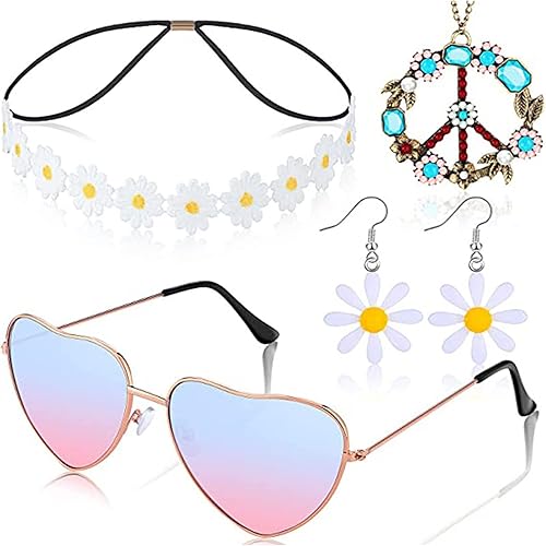 Juego de 4 accesorios de disfraz hippie para mujer, collares con signo de paz, aretes de margarita, diadema de flores de margarita y lentes hippie,