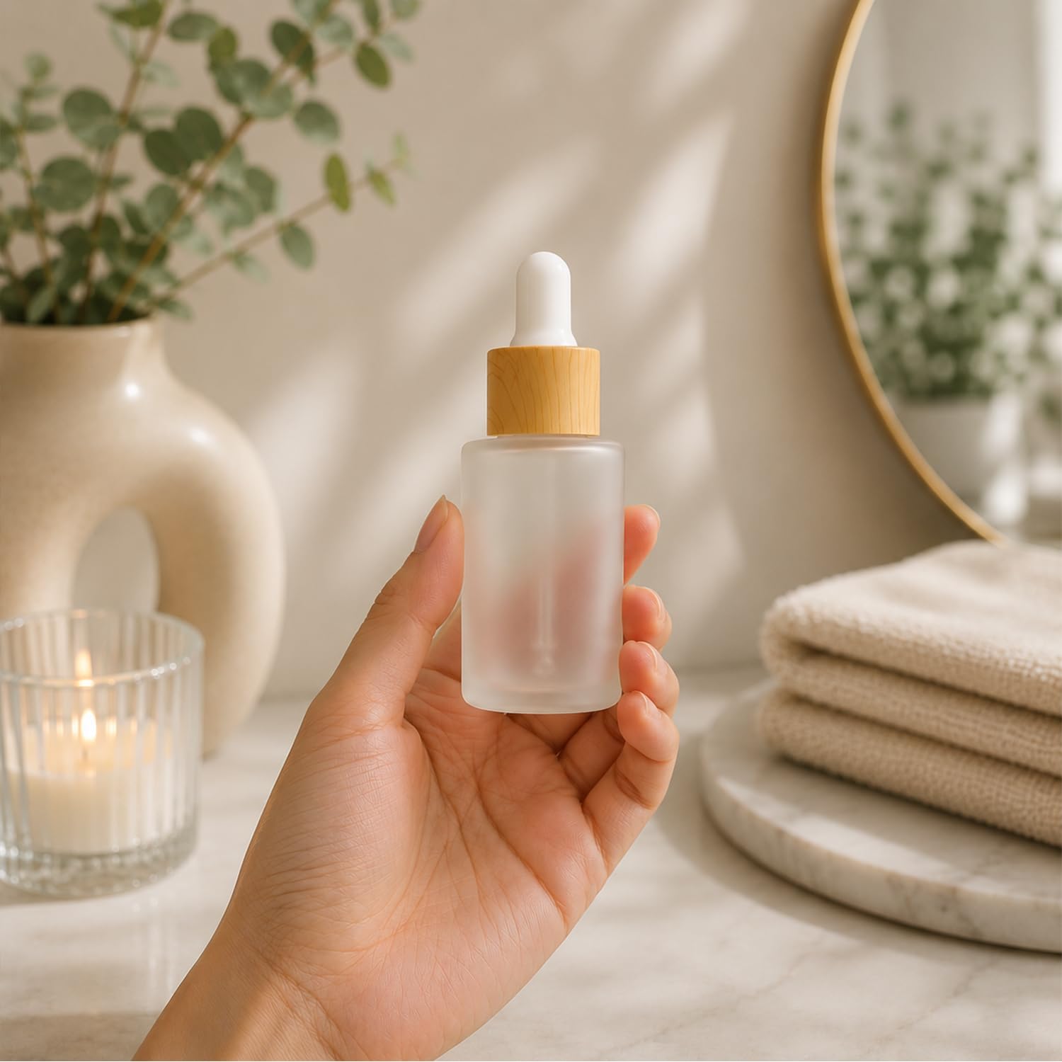 Lot de 12 flacons compte-gouttes en verre dépoli de 30 ml pour huiles essentielles avec bouchons en bois vides avec couvercles en bois pour voyage, maison, magasin