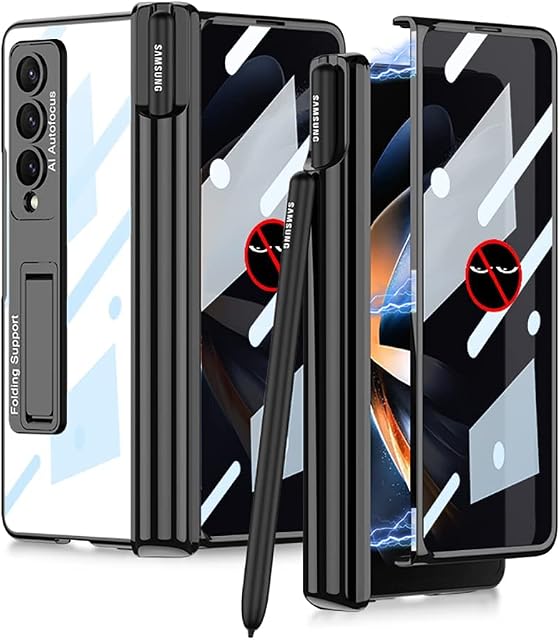 FODDOM for Samsung Galaxy Z Fold 4 Case with S Pen Holder & Front Anti-peep film Screen Protector Case, Ultra Thin Transparent Plating PC Crystal Magnetic Hinge Protection Cover (Black)