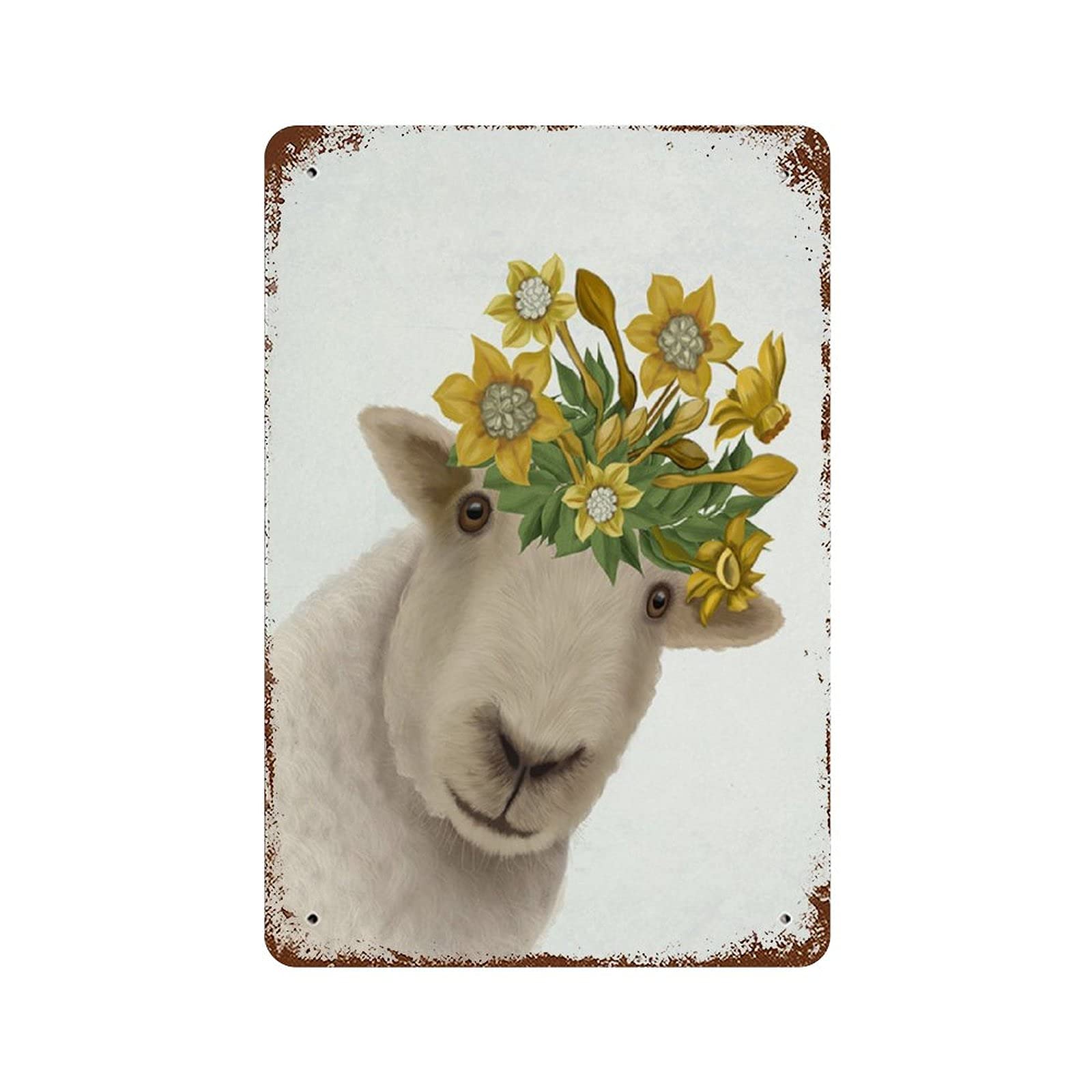 peiyeety Sheep with Daffodil Crown Antique Metal Tin Sign Metal Tin Sign Wall Decor for Home Cafes Pubs Club Man Cave Sign Gift Plaque Metal Tin Sign for Men Women 8x5.5 Inch