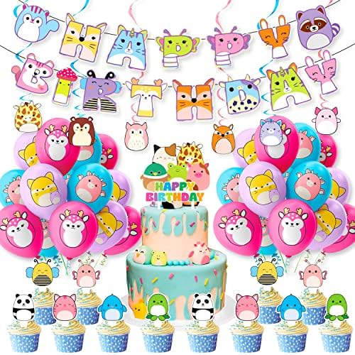 𝓢𝓺𝓾𝓲𝓼𝓱𝓶𝓪𝓵𝓵𝓸𝔀𝓼 𝓟𝓪𝓻𝓽𝔂 Decorations Squishy Birthday Party Supplies, Including Banner, Hanging Swirls, Balloon, Cake Toppers