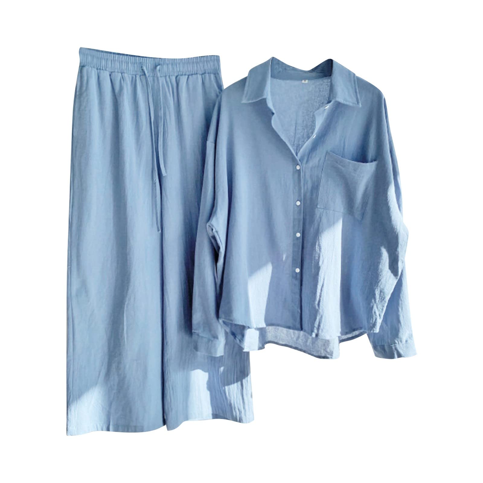 Ensemble Femme Pantalon et Haut Fluide en Lin 2 Pieces Pantalon Large Fluide + Chemise Manches Longues Lin Printemps Été Ample Respirant Ensembles de Vêtements Décontracté Tenue Plage Loungewear