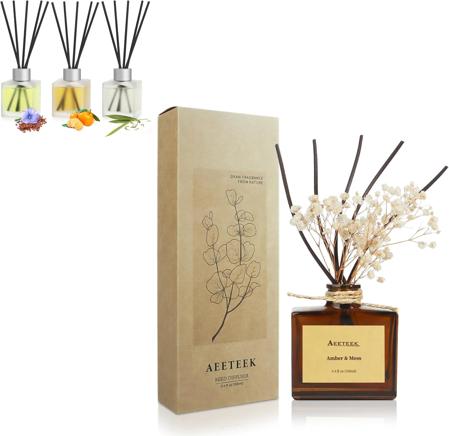 Reed Diffuser, Amber & Moss Essential Oil Diffuser with Dried Flowers, Linen/Citrus/Bamboo White Tea Scented Oil, Forest Aroma Essential Oils with Diffuser Sticks