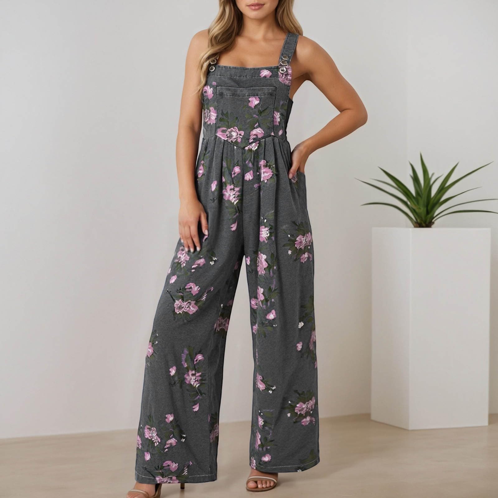 Damen Jumpsuit Sommer, Playsuit Damen Kurz, Jeans Jumpsuit mit Blumenmuster In Übergröße für Lässigen Ärmellosen Overall Spielanzug mit Bequemer Passform Und Stilvollem Design