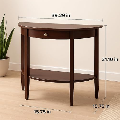 Miniatura 3 de Ergode Elegante mesa consola de media luna de nogal con cajón y estante inferior, mesa decorativa de entrada de madera maciza para pasillo, sala de
