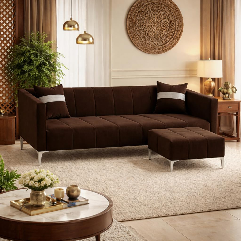 Solomon Luxe Velvet-Suede Fabric 3 Seater Sofa Set with Ottoman | Silver Aesthetic Legs | Comfortable Seating | Modern Sofa for Living Room – Dark Brown Solomon Luxe Velvet-Suede Fabric 3 Seater Sofa Set with Ottoman | Silver Aesthetic Legs | Comfortable Seating | Modern Sofa for Living Room – Dark Brown