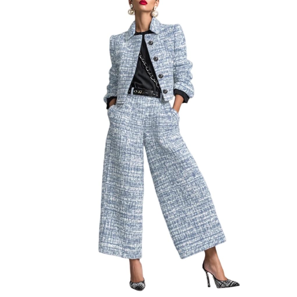 Completo Da Donna A Due Pezzi Con Stampa A Quadri Composto Da Giacca Corta Con Bottoni A Risvolto E Pantaloni A Gamba Larga Elegante E Casual Perfetto Per Occasioni Di Lavoro Matrimoni E Feste