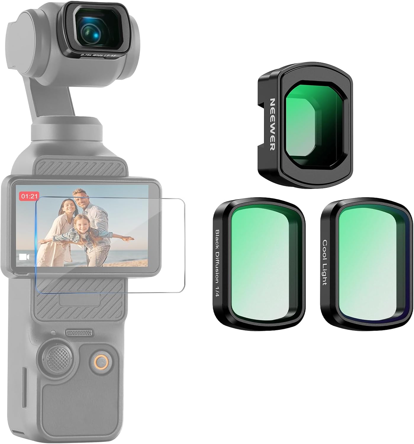 NEEWER Lens Filter Set for Pocket 3, 0.75x Wide Angle Lens + Black Diffusion 1/4 + LPR Filter + Screen Protector, Action Camera Accessories Compatible with DJI Osmo Pocket 3 Only, FL-C84