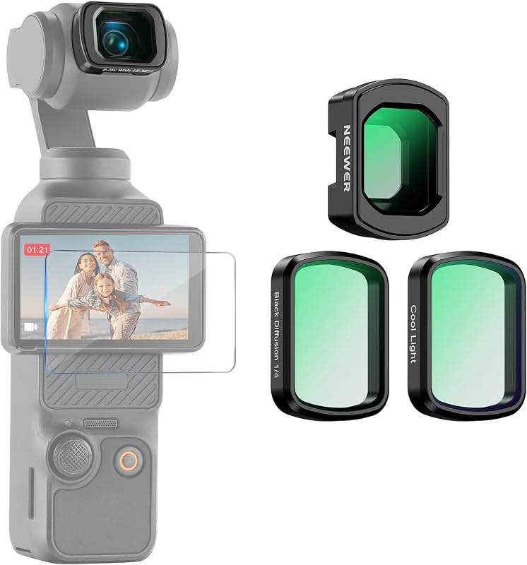 Gimbal Camera Filter Set, 0.75x Wide Angle Lens + LPR + Black Diffusion 1/4 Filter for Mist Cinematic Effect, Compatible with DJI Osmo Pocket 3 / Pocket 4 / Xtra Muse, FL-C84