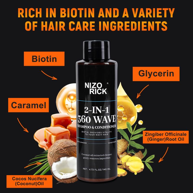2-in-1 360 Wave Shampoo & Conditioner for Black Men – Biotin, Coconut Oil & Castor Oil – Deep Cleansing, Nourishing & Wave Defining – Improves Dryness & Frizz – 140ml/4.73fl.oz