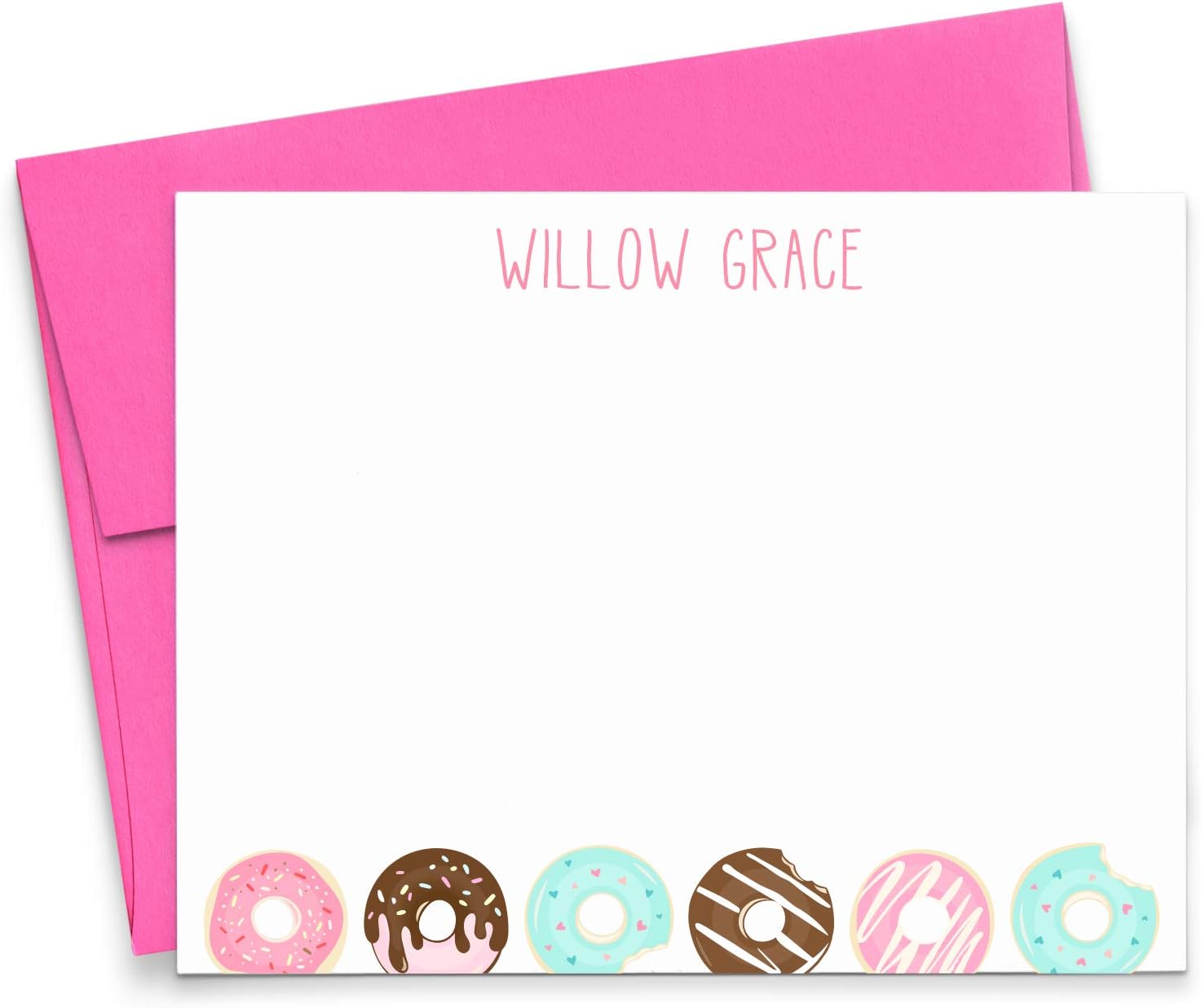 Cute Personalized Stationary for Girls FLAT NOTE CARDS, Donut Stationary Set with Envelopes, Donut Note Cards Set with Envelopes, Your Choice of Colors and Quantity