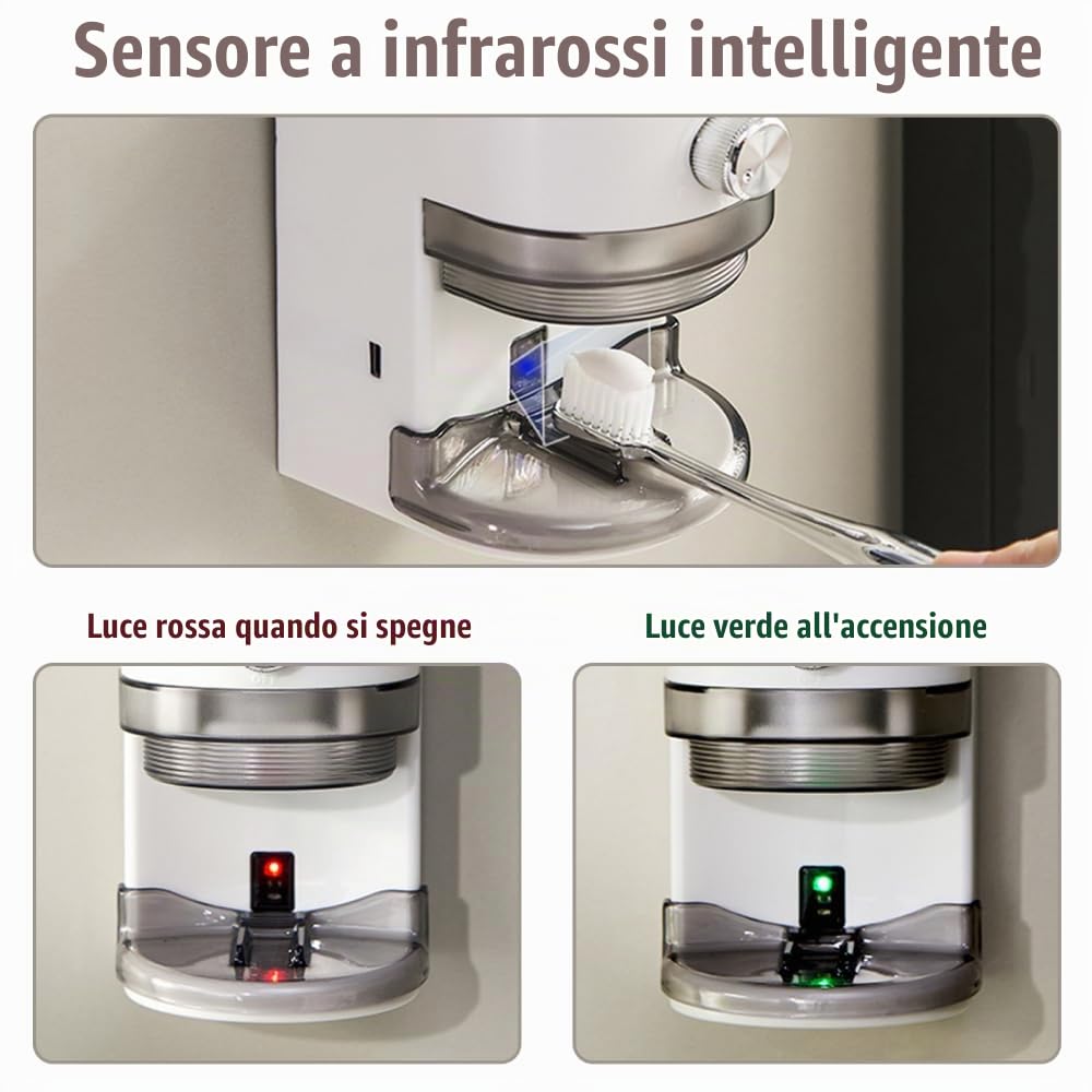 Dispenser Dentifricio Automatico, Distributore Dentifricio Senza Fori con Sensore e Volume di Erogazione del Dentifricio Regolabile per Doccia, Bagno, Toilette