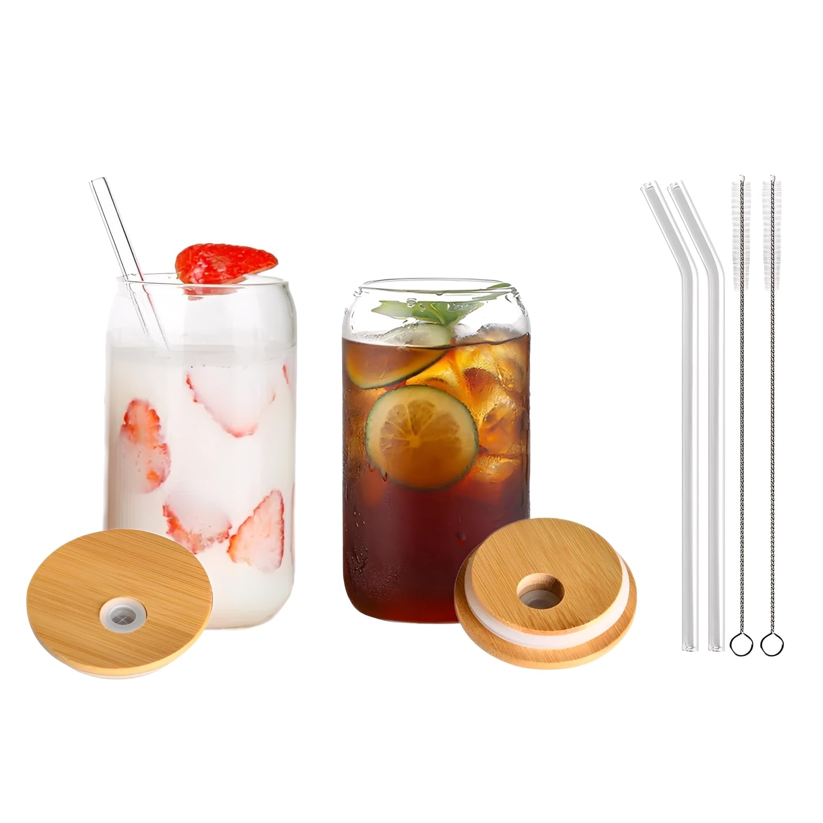 SFHKZCM Glass Tumblers with Lids & Straws 500ml Iced Coffee Cups for Bubble Tea, Smoothies, Cola Reusable Cold Drink Glasses with 2 Cleaning Brushes Cafe Style Beverage (2, 500, Millilitres)