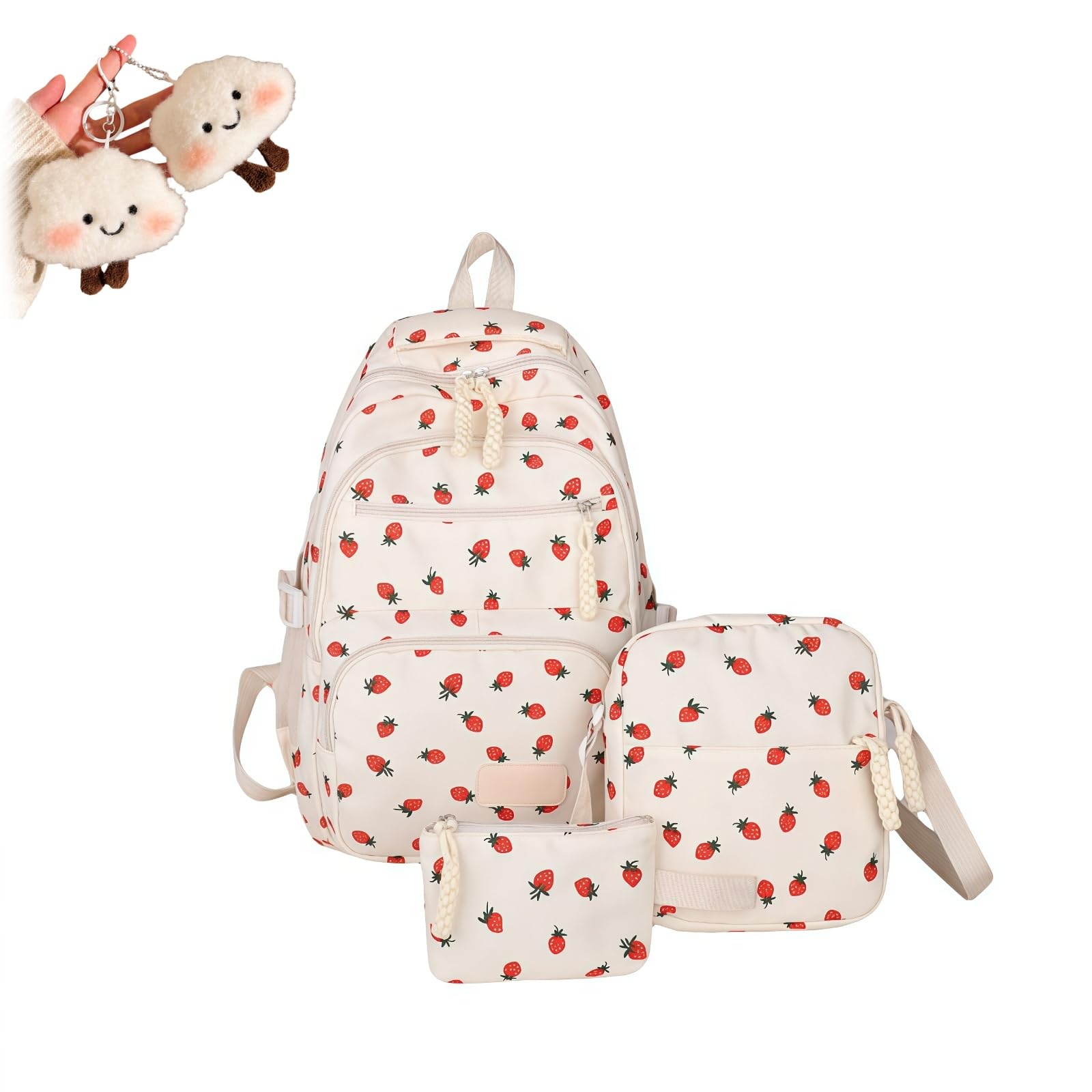 DzaiCrkwd Strawberry Backpack Three-Piece Set for Women, Cute School Bookbag Set with Insulated Lunch Box Pencil Case for Girls Kids Teens (White)
