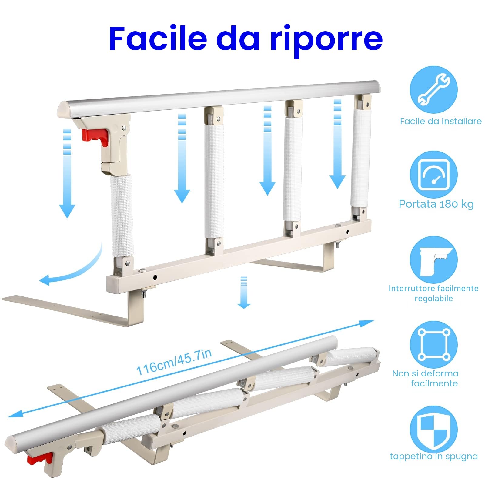 Sponde per letto Anziani Pieghevoli Sponda letto Anziani Sbarre per letto anziani barriera di protezione per disabili ospedalieri 97 x 40 cm