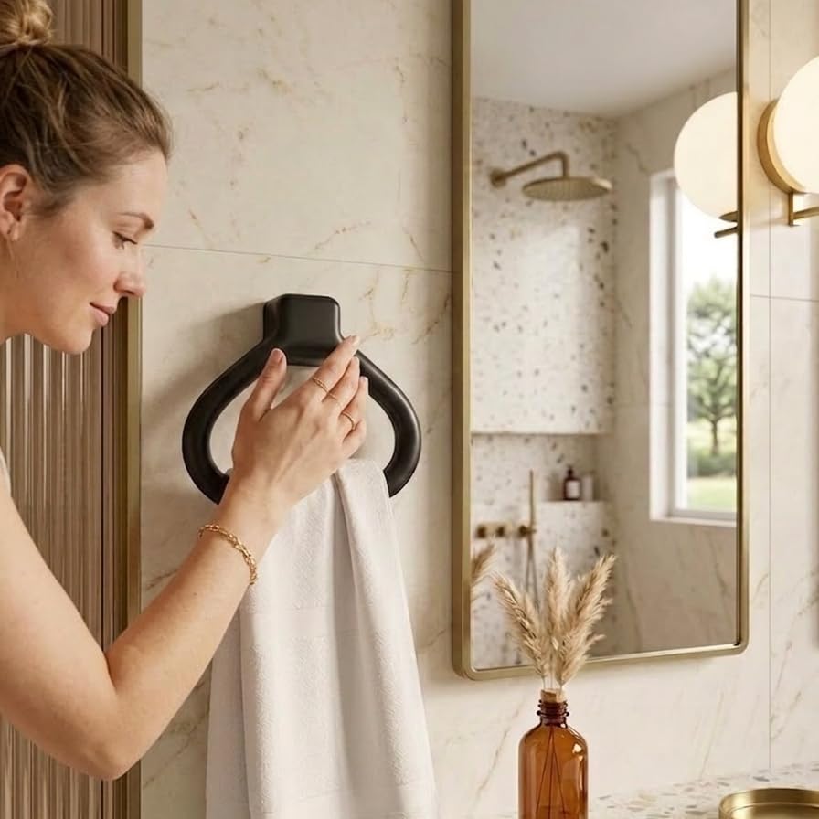 Image of CIPLA PLAST Modern Wall Mounted Towel Ring Holder | Self-Adhesive Towel Ring for Bathroom | Premium Plastic Bathroom Hand Towel Hanger, Durable & Rust-Free, Easy Installation, (Black)