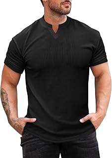 Runcati Mens Muscle T Shirt Ribbed V Neck Short Sleeve Tops Slim Fit Workout Slim Fit Casual Stretch Tee Shirts
