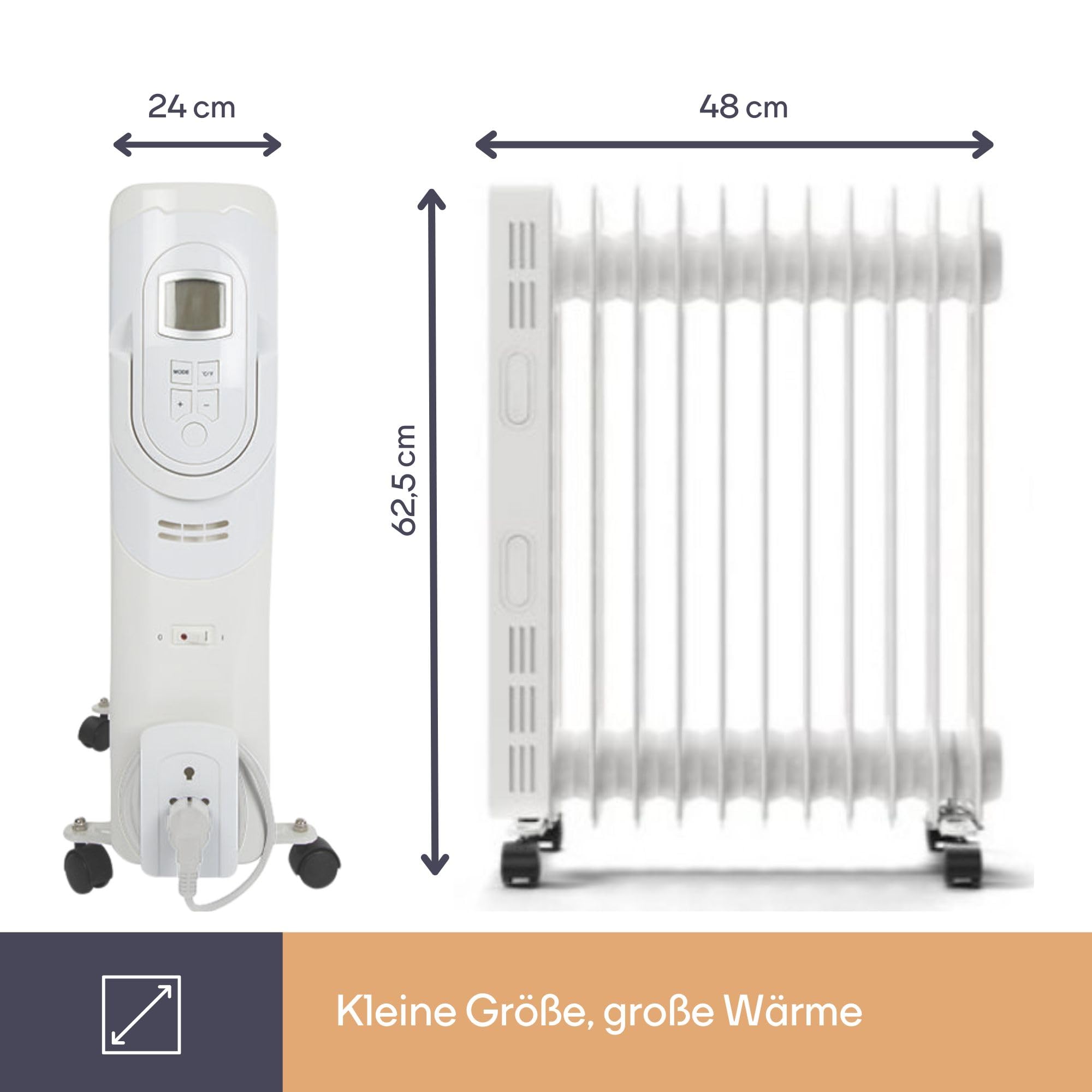 Perel 2500W Ölradiator mit 11 Rippen, 3 Heizstufen, LCD-Display, Timer, einstellbarem Thermostat, Griff, Rädern und Kabelhalter, Überhitzungs- und Kippschutz, tragbarer, geräuschloser und