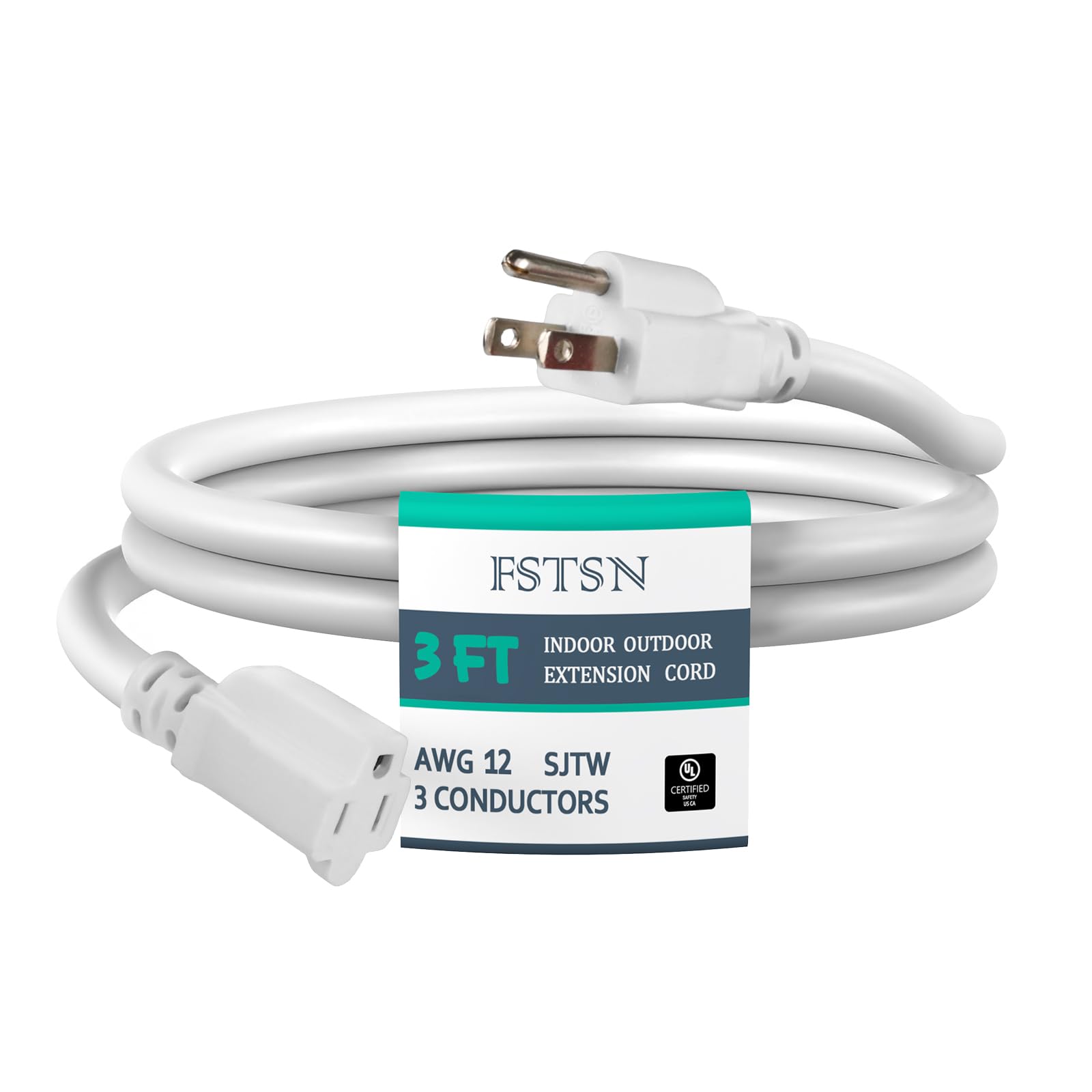 3 ft Heavy Duty Extension Cord - 12/3 SJTW 15 AMP Indoor Power Cord with 3 Prong Grounded Plug for Lawn Mower, Appliances, Workshop, Christmas Lights Water Resistant Flexible Cable White.