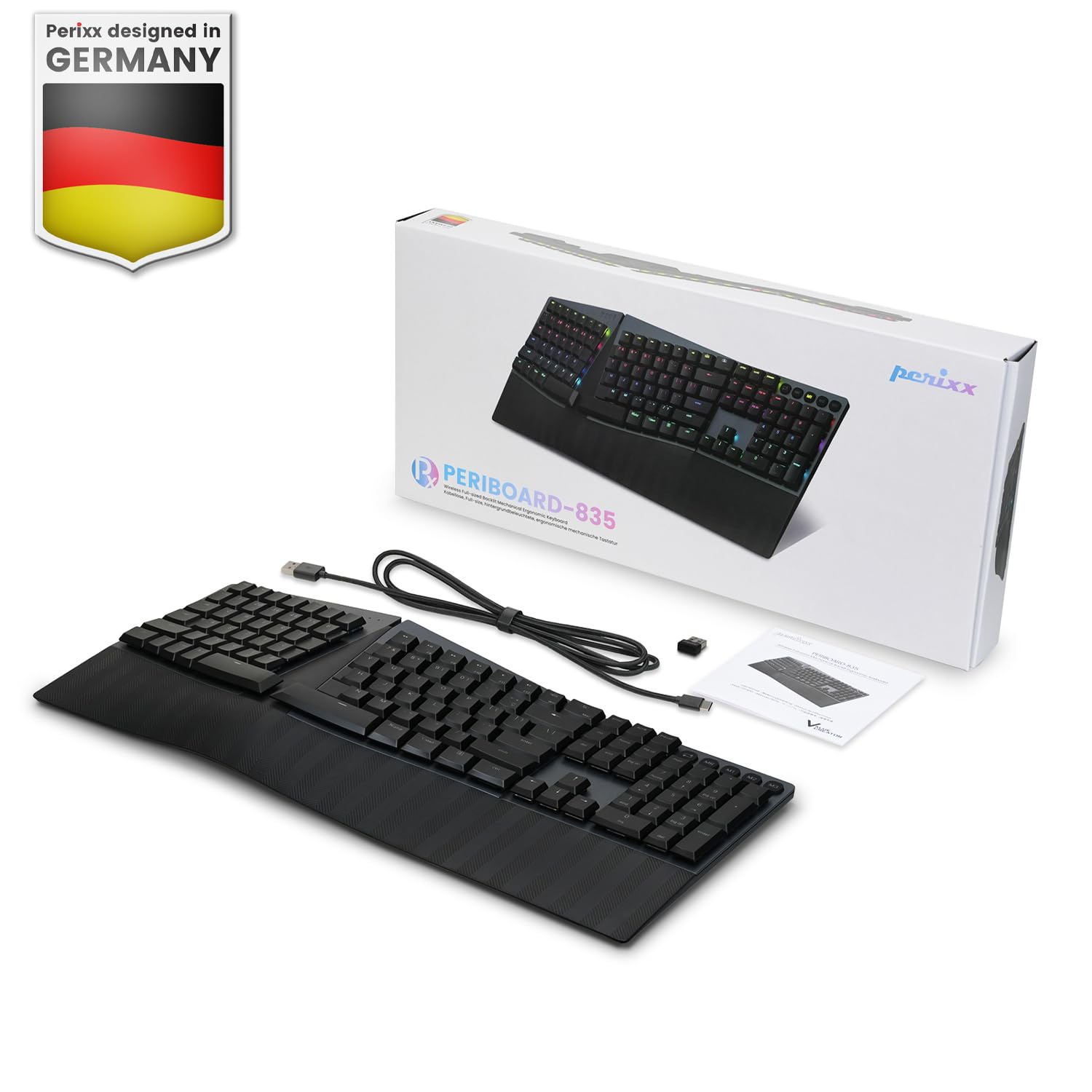 Perixx PERIBOARD-835RD – Tastiera Meccanica Wireless Ergonomica RGB, Switch Lineari Rossi Profilo Basso, Multi-Dispositivo (Windows/Mac), Layout Italiano