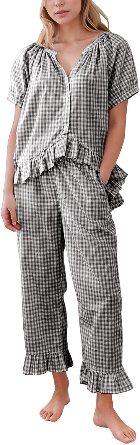 PEHMEA Womens Plaid 2 Piece Cotton Gingham Pajama Sets Short Sleeve Babydoll Shirt Ruffle Pants Y2K Lounge PJS Cute Sleepwear