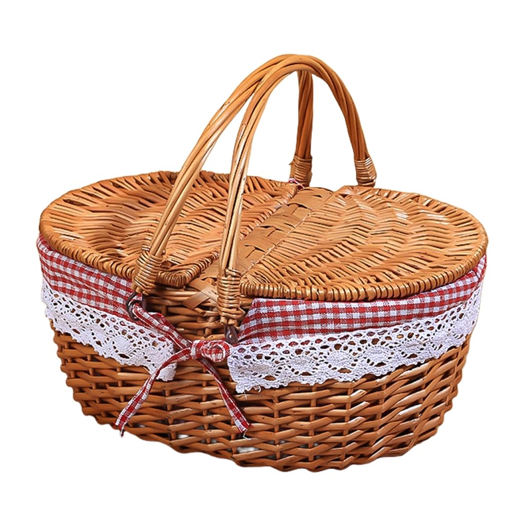 Cestino da picnic in vimini con coperchio pieghevole e manico, cestino da picnic di grande capacità per vacanze al mare, robusto corpo in tessuto con fodera lavabile per Pasqua, festa della