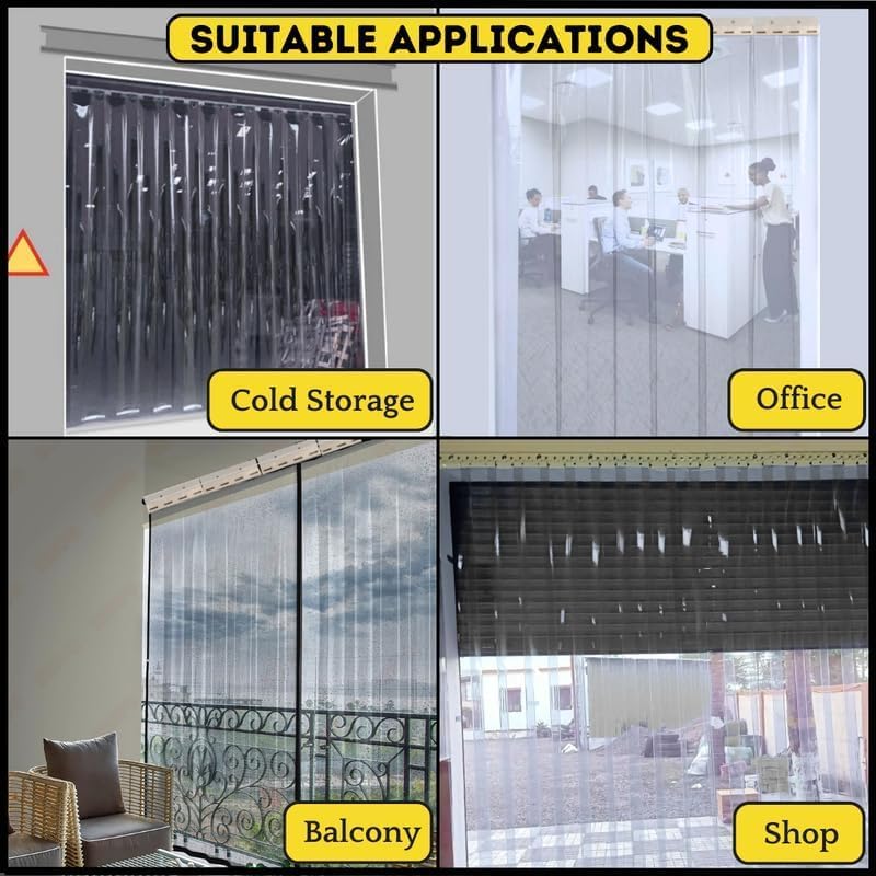 Image of Qlarity Covers 2mm Thick PVC Strip AC Curtain | Size- 48 (20x20x8) 3pcs Inch Wide Hanger X 8 Feet Long | 6 Strips, 8.5 Inches Wide Vinyl Transparent Door Curtain | Mount Hanger for Cold Storage /Office