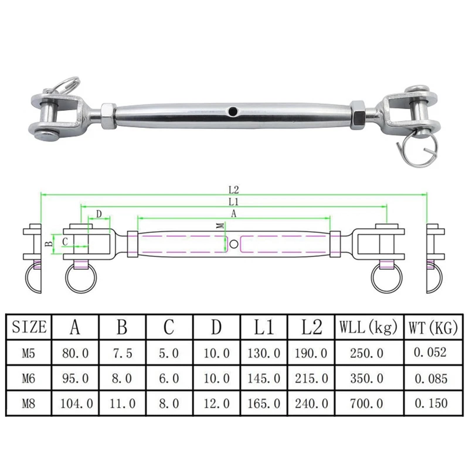 Tendeur Cable Mâchoire et mâchoire de ridoir à Corps fermé en Acier Inoxydable 316, M5 M6 M8, matériel de gréement hautement Poli, Robuste for Bateau et Bateau, 4 pièces(M8)