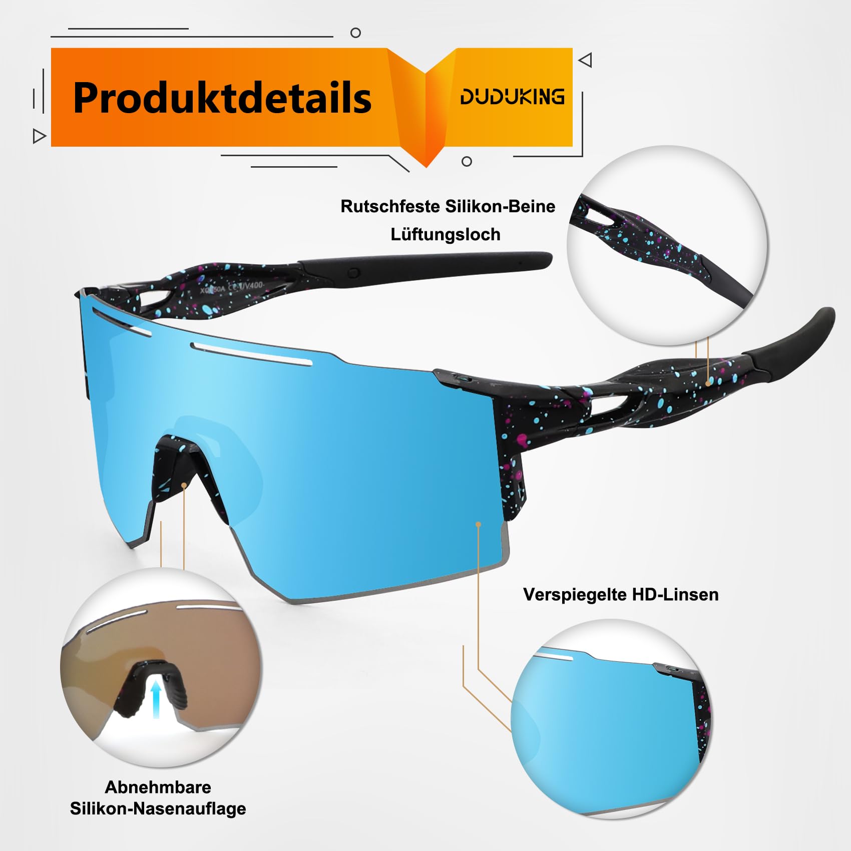 DUDUKING Gafas de sol deportivas para hombre y mujer, gafas de sol rápidas con almohadillas nasales intercambiables para deportes al aire libre, ciclismo, correr, golf, protección UV 400, gafas de