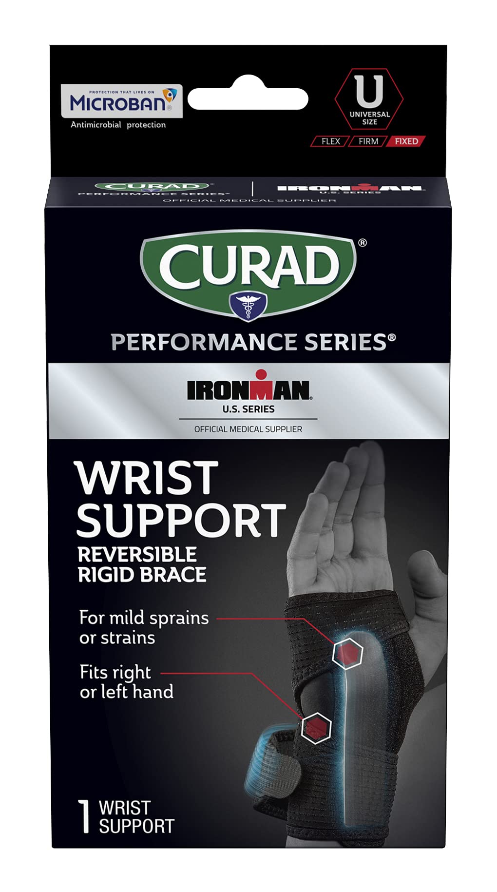 CURAD IRONMAN Wrist Support, Reversible Rigid Brace for Mild Sprains, Strains, Joint Injuries, and Carpal Tunnel Pain Management, 2 Adjustable Straps, Universal Fit for Right or Left, 1 EA