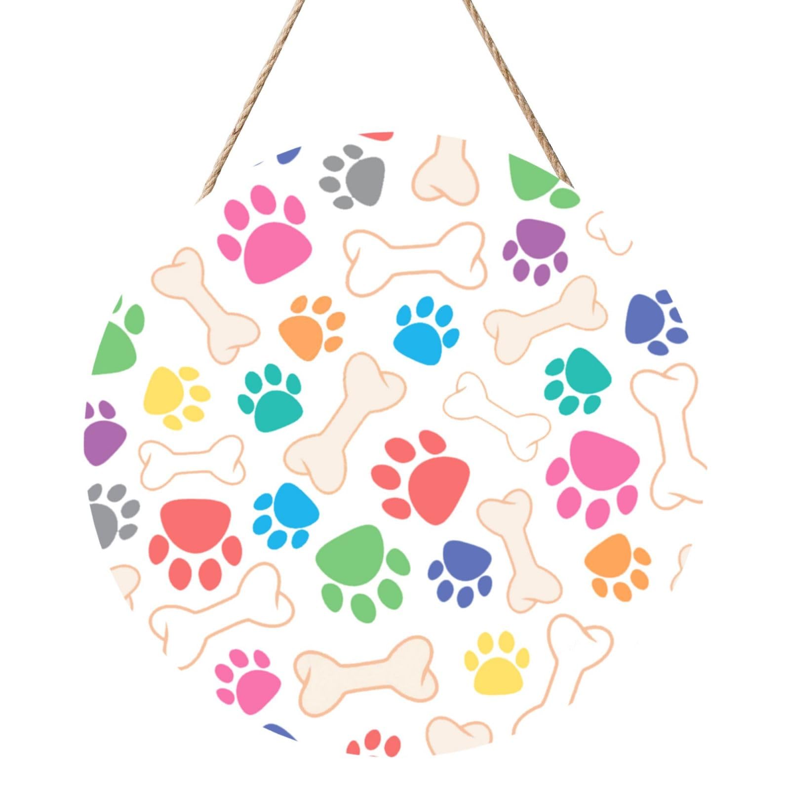 InOmak Dog Paw And Bone, Round Wood Panel Painting 12 in, Wall Hanging Painting For Home