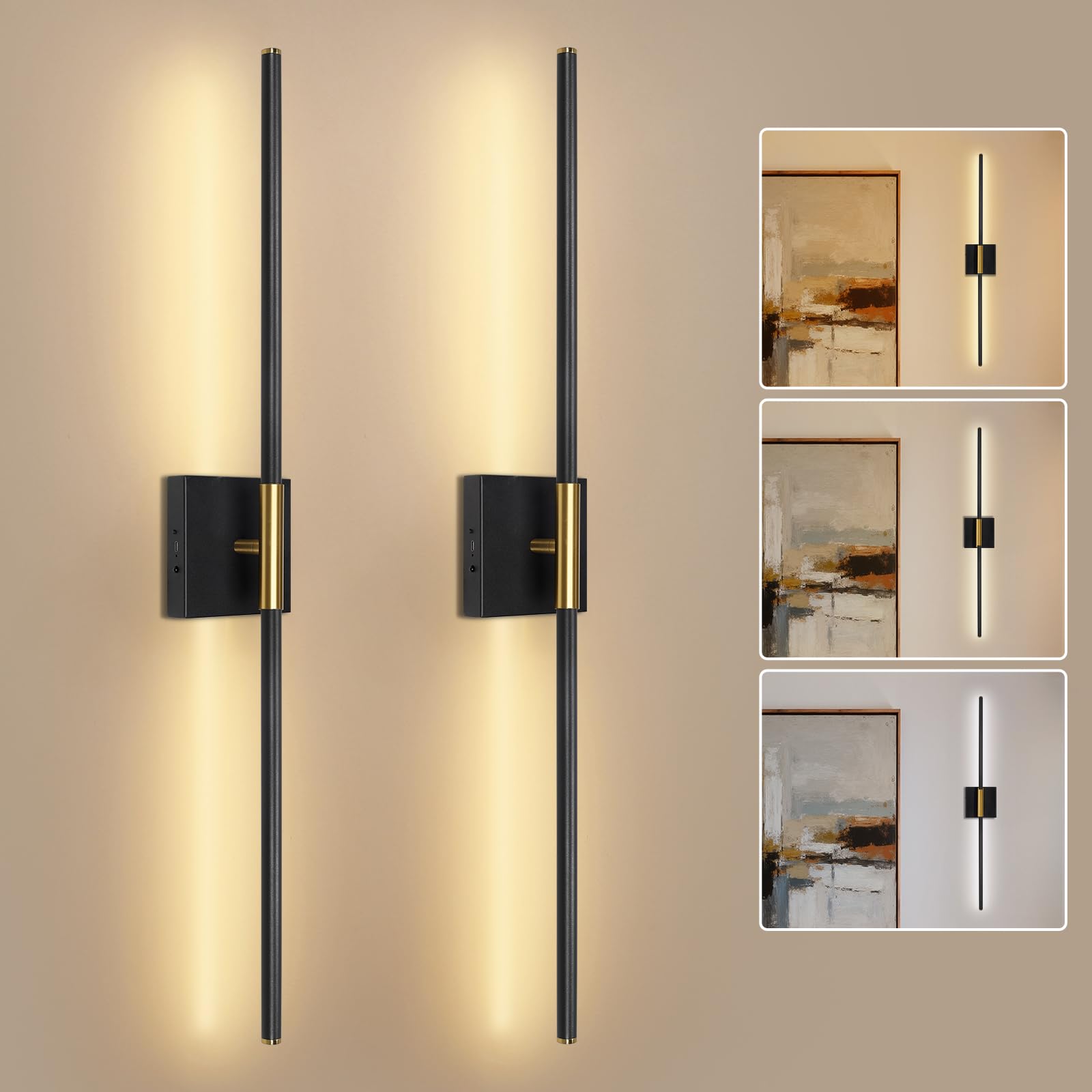 Battery Operated Wall Sconces Set of Two, Black Gold Wall Sconce 31.5 Inch