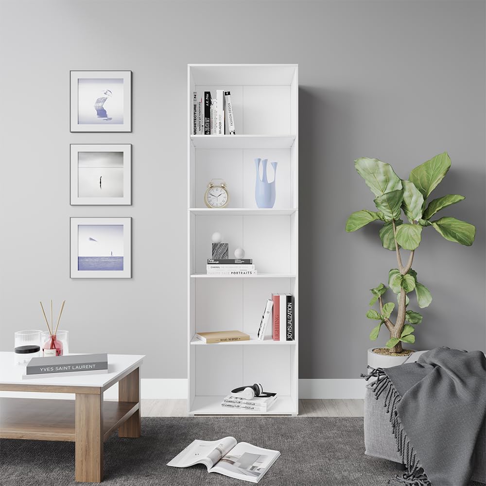 Vicco Librería Bob, Blanco, 60 x 190 cm | con 5 compartimentos, para almacenar y presentar libros y carpetas