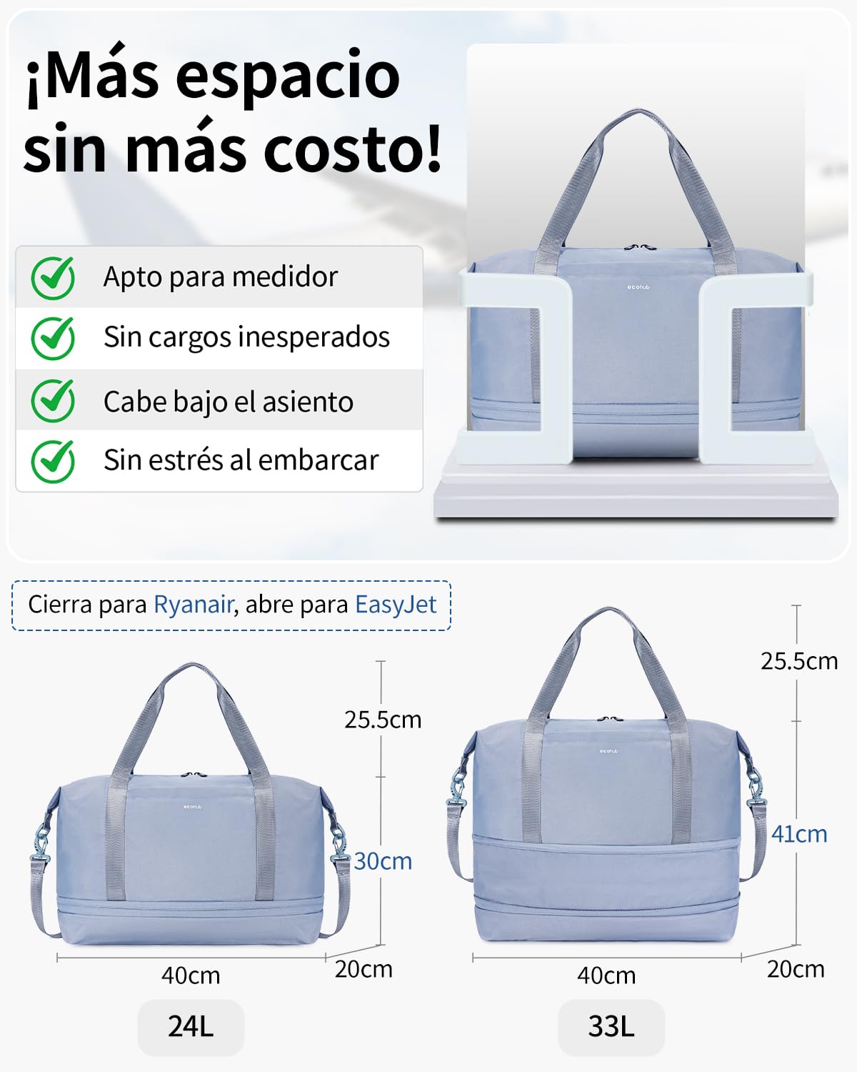 ECOHUB Bolsa Viaje 40x30x20 Expansible, para Ryanair Vueling Wizzair, Equipaje de Mano Impermeable, Húmedo Extraíble, Bolsos Maternidad Hospital, Bolsa Deporte Mujer, Patente Pendiente (Gris)
