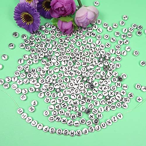 TOAOB 1000pcs Letter Beads Silver Round Acrylic Alphabet Beads 4x7mm ABC Beads with Black Word for DIY Necklace Bracelet Jewellery Making