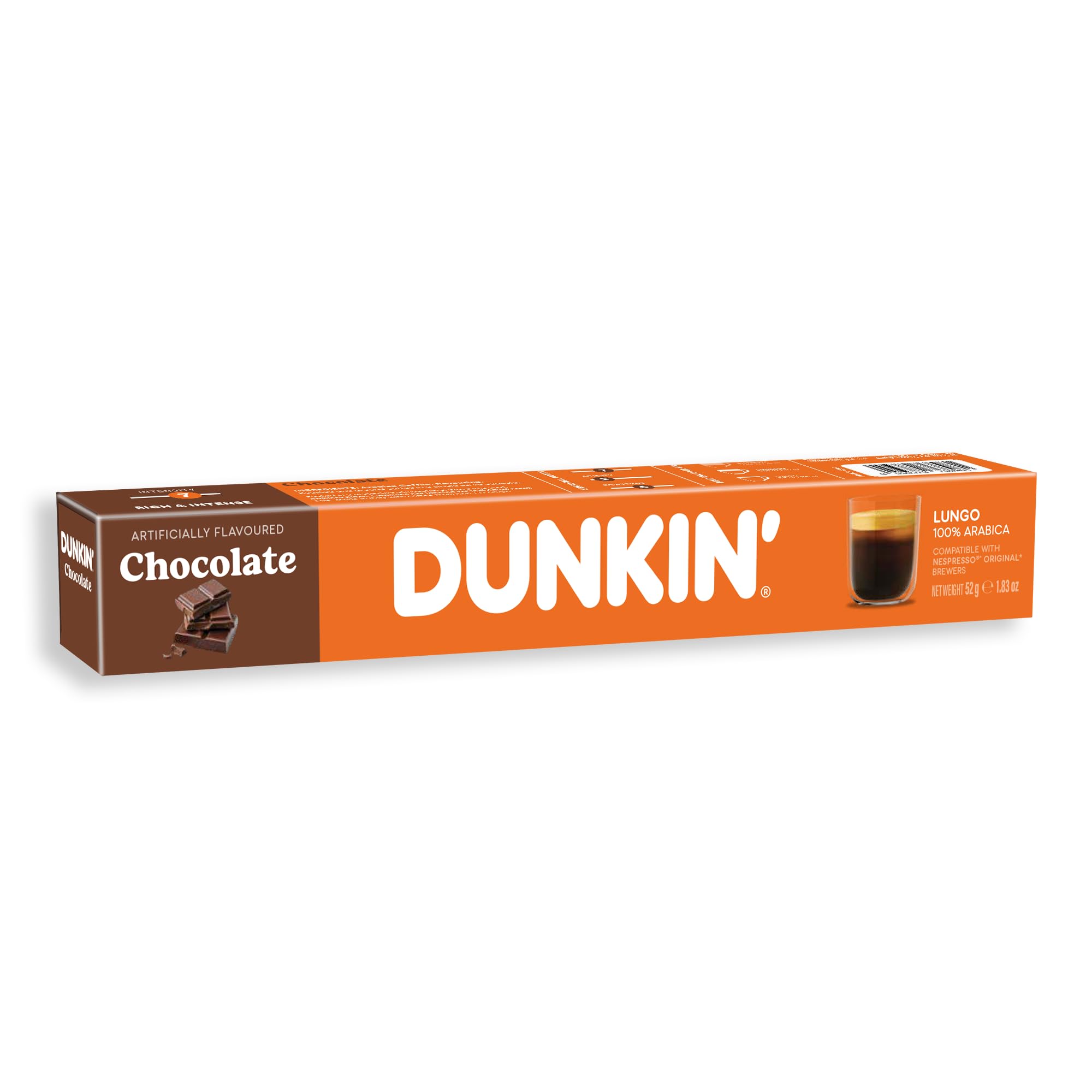 Dunkin' Donuts Chocolate - 120 Cápsulas de Café | Compatible con Nespresso Original Line | 100% Arabica | Tostado dulce con Nota de Chocolate | Cremoso, Aromático y Seductor