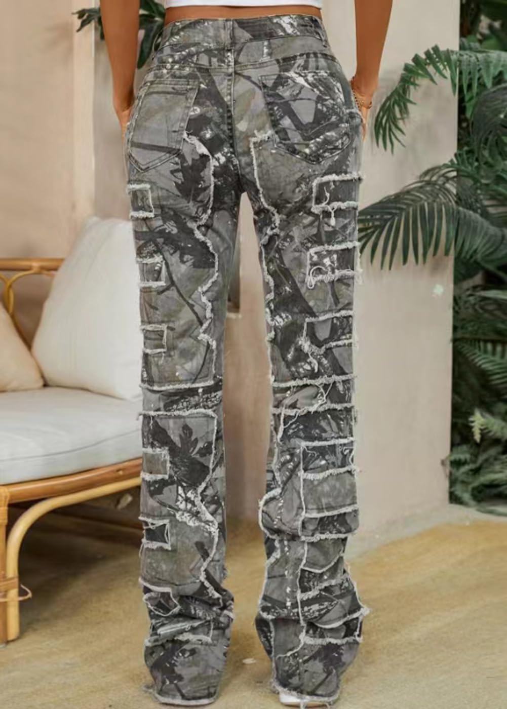 Women's High Waisted Straight Leg Slim Fit Raw Hem Patchwork Stretchy Y2K Stacked Mom Jeans Boyfriend Jeans for Teen Girls