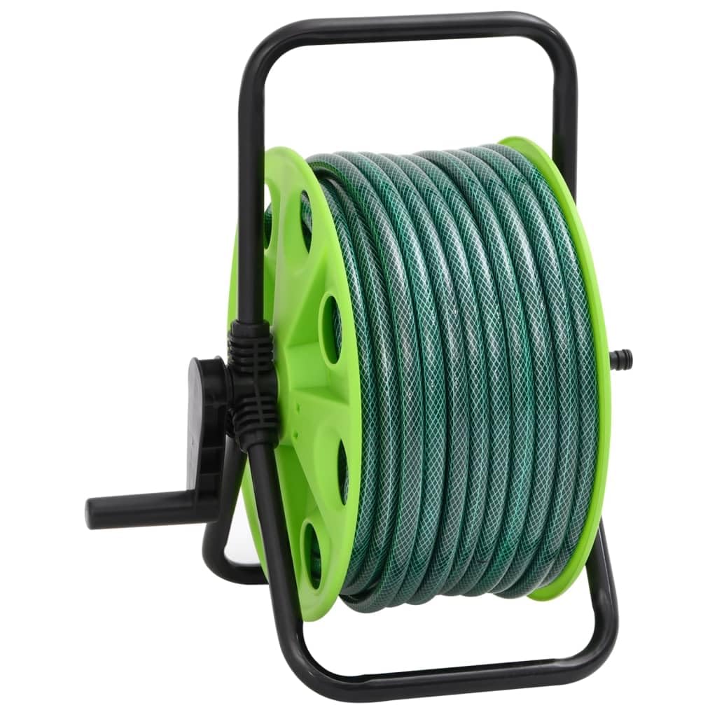 Carrete de manguera de pie verde con manguera de PVC de 20 m, acero galvanizado, compacto y ahorra espacio, incluye acoplamientos rápidos, ideal para jardín, riego, terraza, balcón, césped
