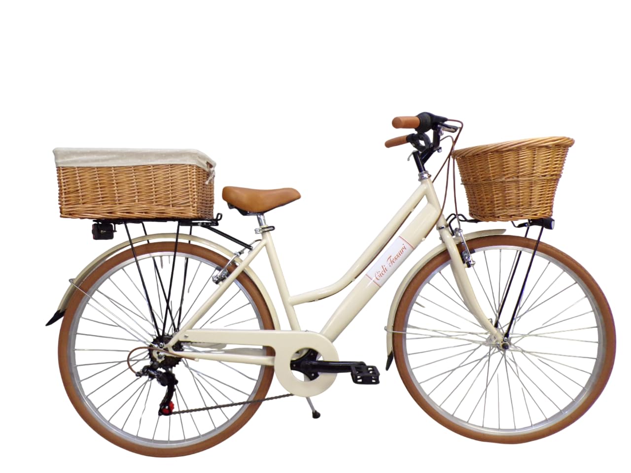 Bicicleta de paseo para mujer de 28 pulgadas con cambio vintage retro con cesta de mimbre delantera y trasera