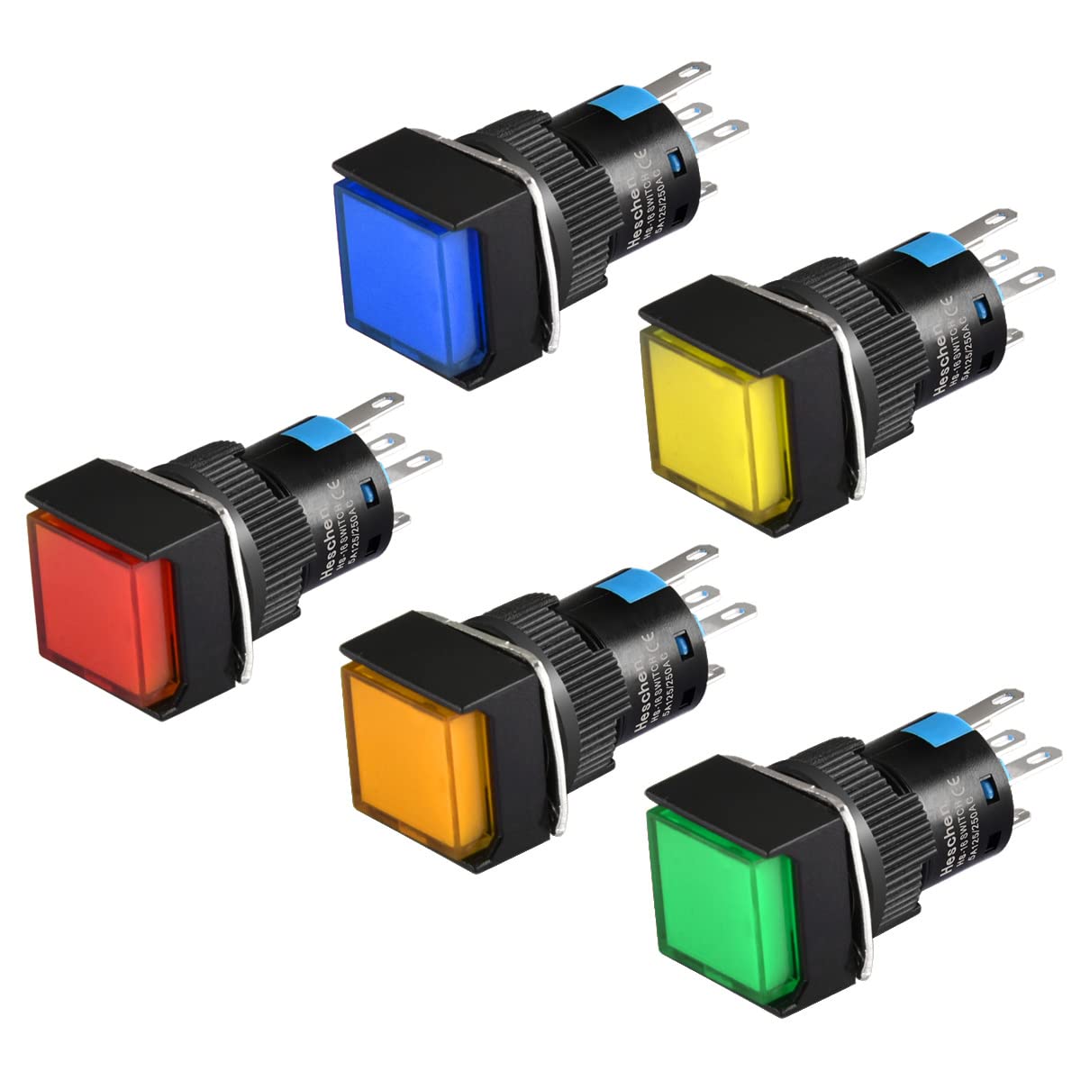 Heschen Interrupteur à bouton-poussoir carré de 16mm, type à verrouillage, 1NO 1NC, rouge bleu vert jaune orange, lampe LED 12V