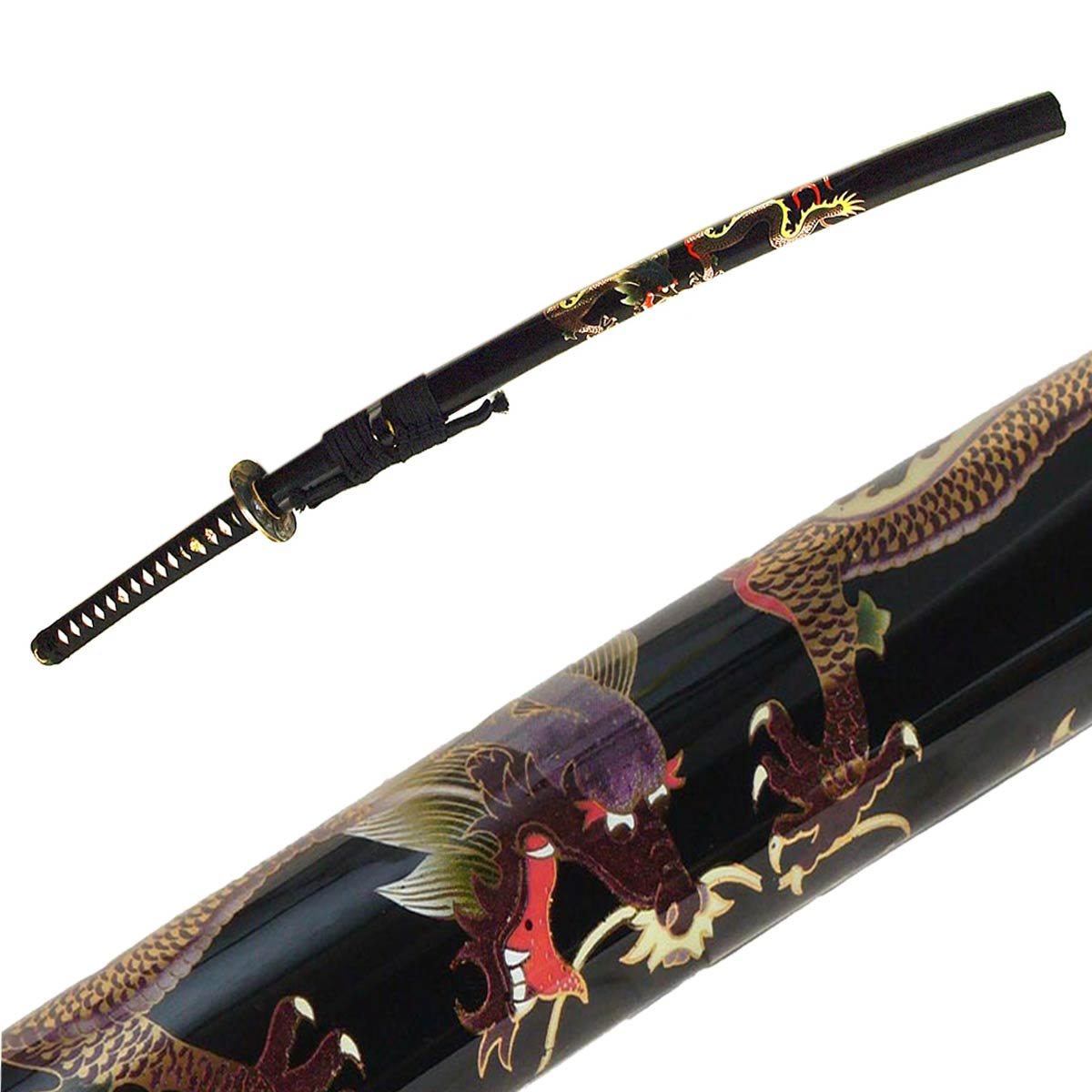Drachen Katana scharf – echtes Samuraischwert - Damaszener Stahl | Handgefertigt - gefalteter Stahl - scharf -104 cm - Verzierte Saya - Mit Schwertbeutel