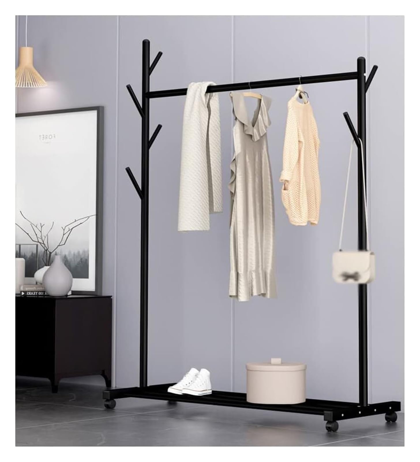 CGJseFH coat stand, Simple Coat Rack Single Pole Standing Wheels Metal Stand Shelf Bedroom Floor Hooks Holder Decor Storage Clothes Hangers(Black,31.5x18.1x66.5in)