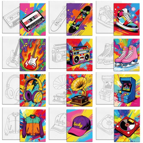 MAYJOYDIY 12 Pcs Pre Drawn Canvas to Painting Retro Graffiti Pre Printed Canvas for Adults 25×20cm Game Consoles DIY Paint Art Supplies for Beginners, Students, Party Gifts