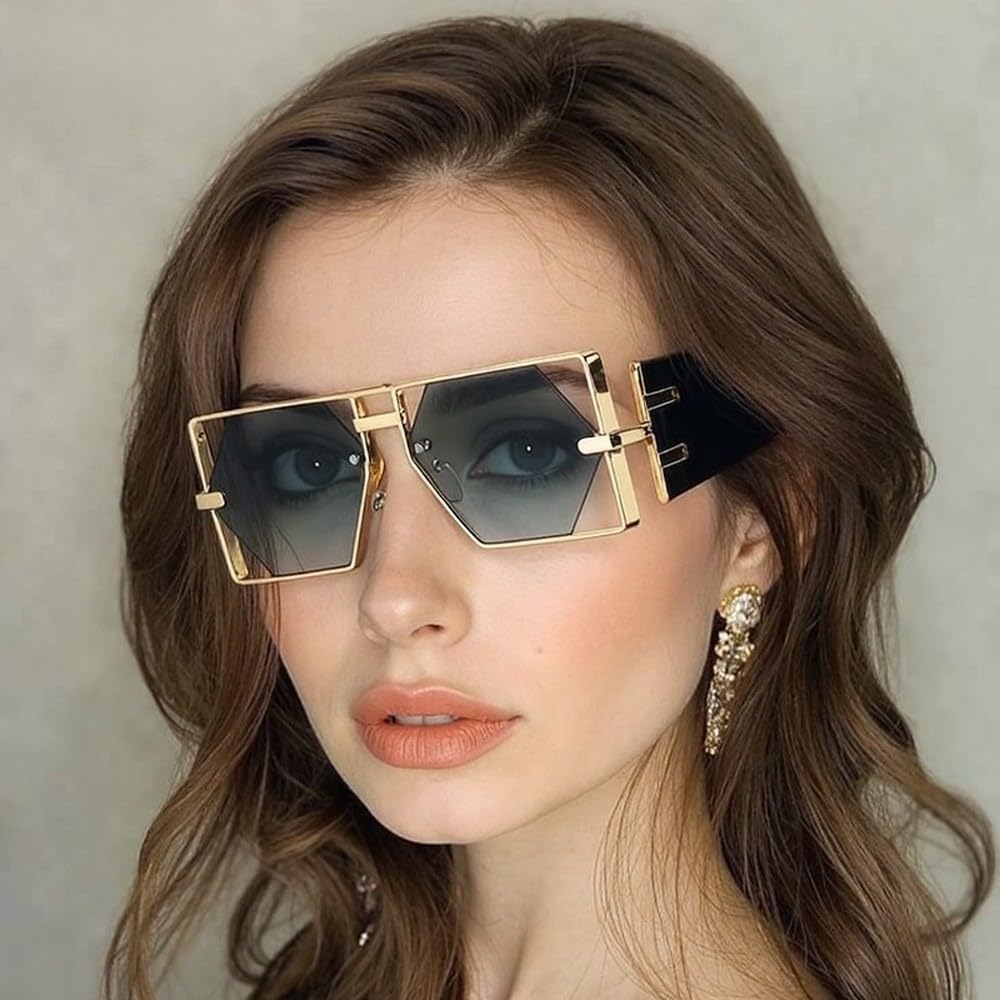 Okulary przeciwsłoneczne damskie w stylu vintage steampunk prostokątne, metalowe, puste soczewki heksagonalne, modne okulary przeciwsłoneczne z podwójną wiązką UV400
