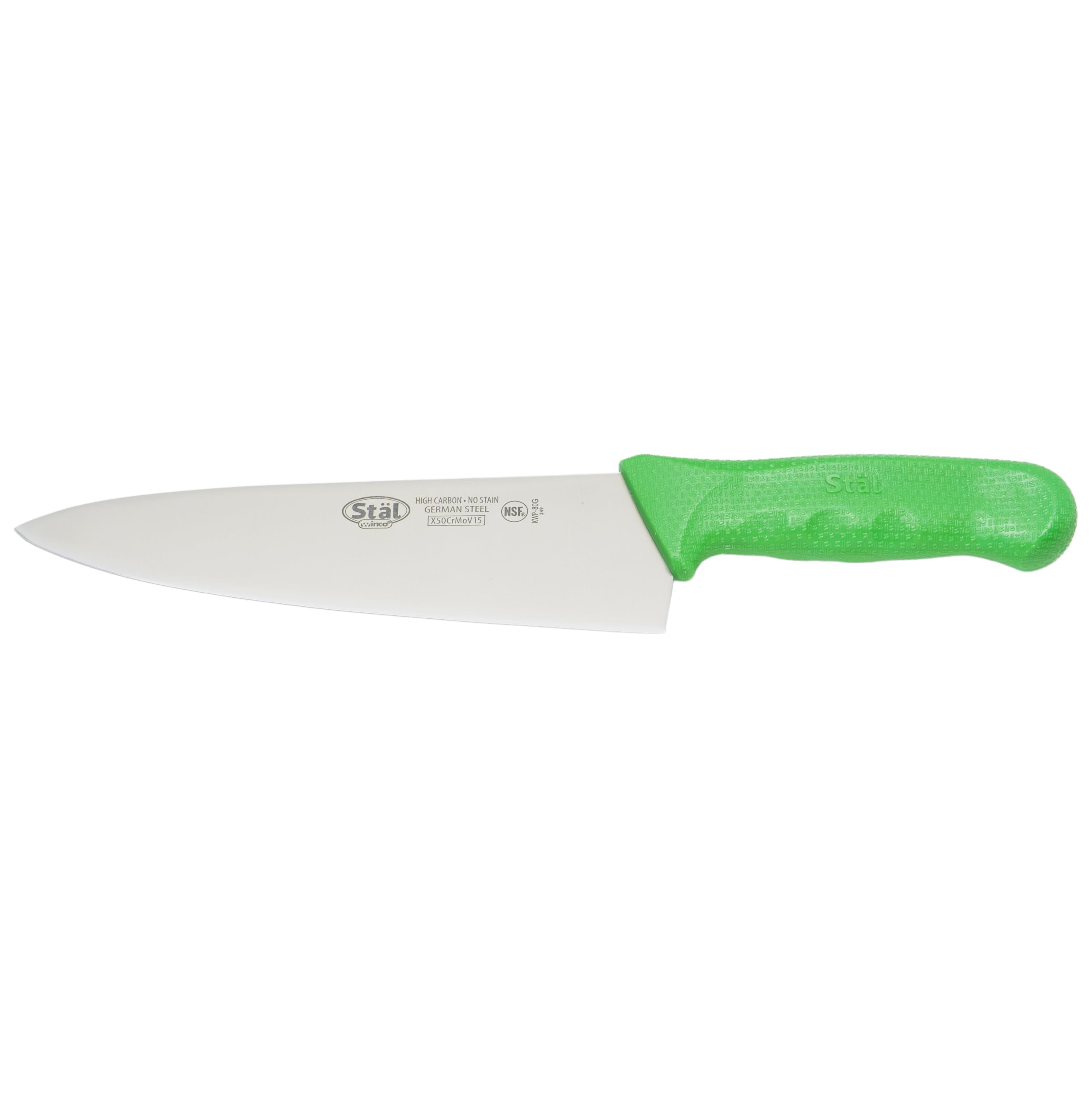 Winco KWP-80G, 8" Stäl High Carbon Steel Chef's Knife with Green Polypropylene Handle, Professional Cook's Knife
