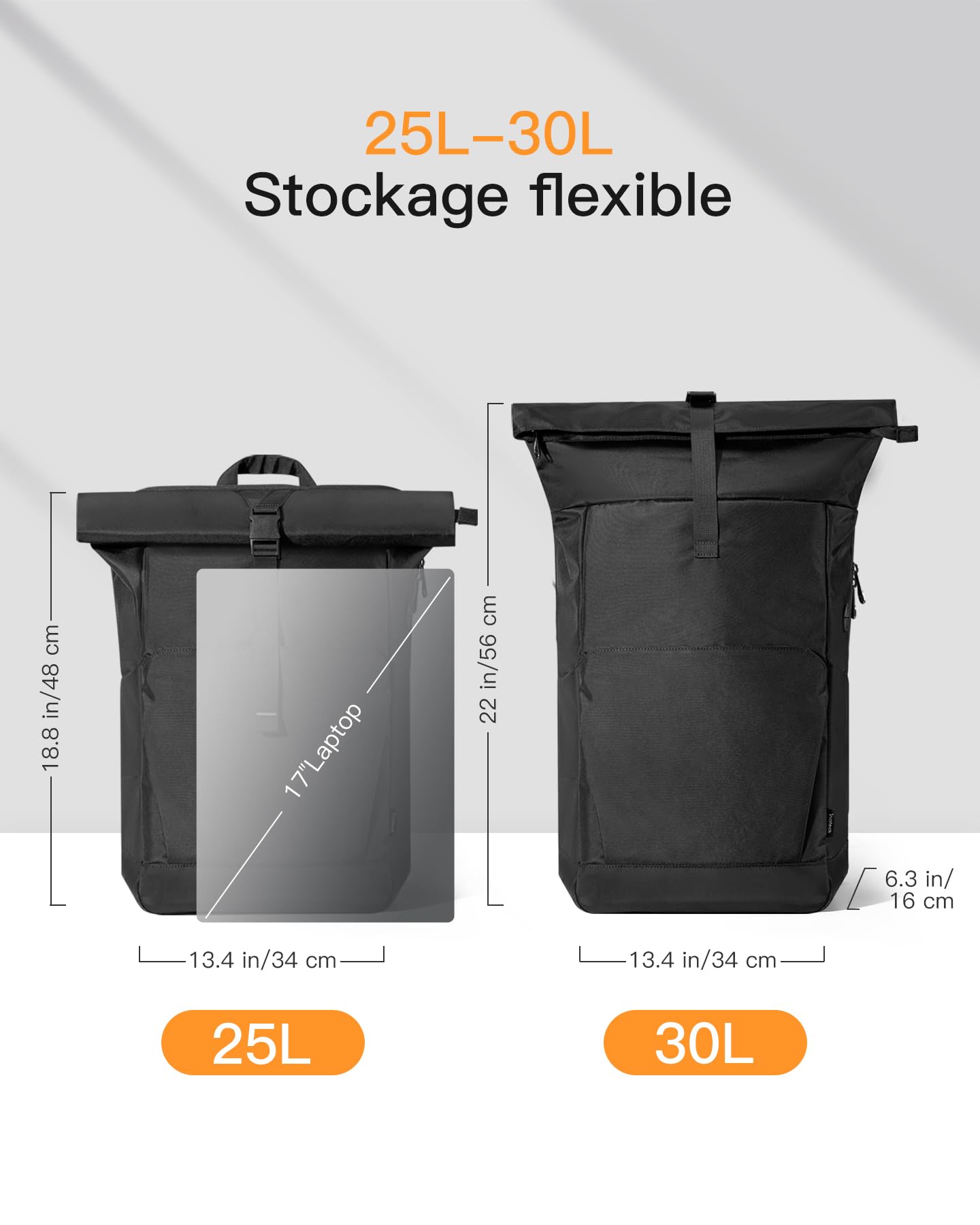 Inateck Sac à Dos Loisir Enroulable Femmes Homme 25L-30L Extensible pour Ordinateur Portable 17.3" avec Port pour Ecouteurs/Chargeurs et Compartiment à Chaussures Séparé