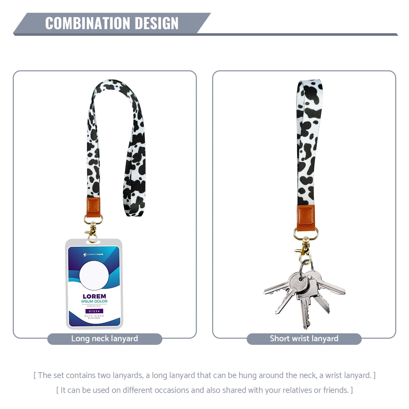PAITOK Neck Lanyard & Wrist Lanyard Strap Set including Metal Clasp personalised lanyard with Two Metal Key Rings for ID Badge Holder Keys Charms(Cow pattern) - Image 4
