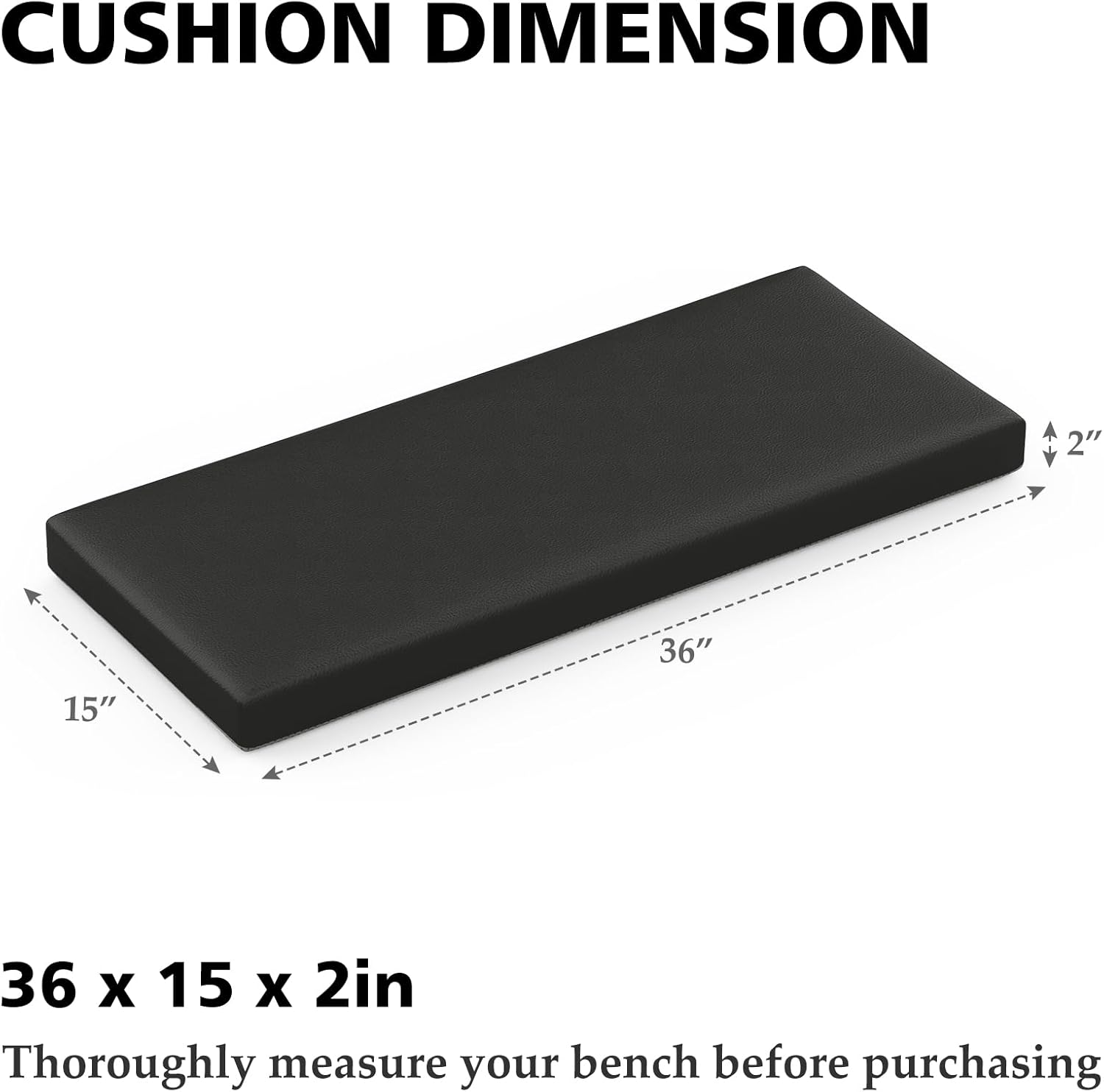 Shinnwa Waterproof Bench Cushion with Ties for Indoor Furniture, Dual-Layer Memory Foam Bench Seat Cushion with Faux Leather Cover and Non-Slip Bottom, 36 x 15 x 2”, Black