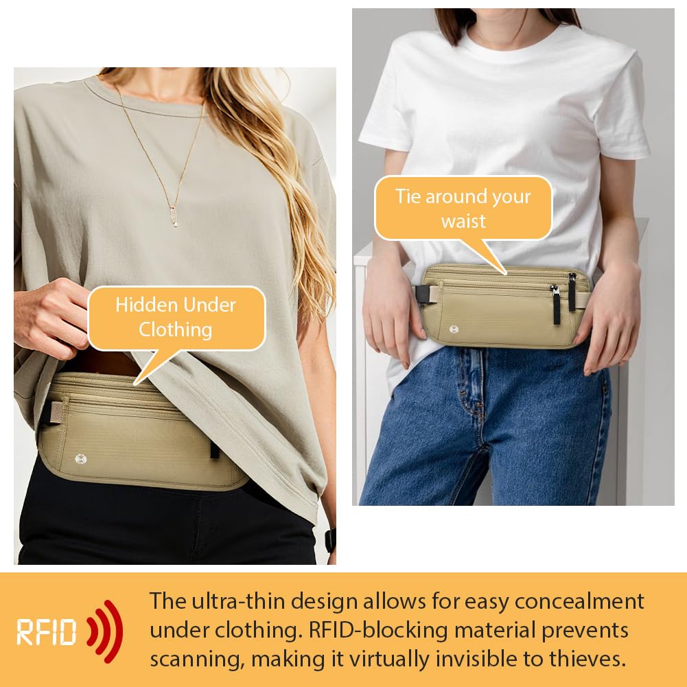 DiULi Pasek na pieniądze z blokowaniem RFID do podróży, ukryta torebka biodrowa z regulowanym elastycznym paskiem na talię, bezpieczne etui na paszport z 5 DARMOWYMI wnękami na karty, Khaki, Normale